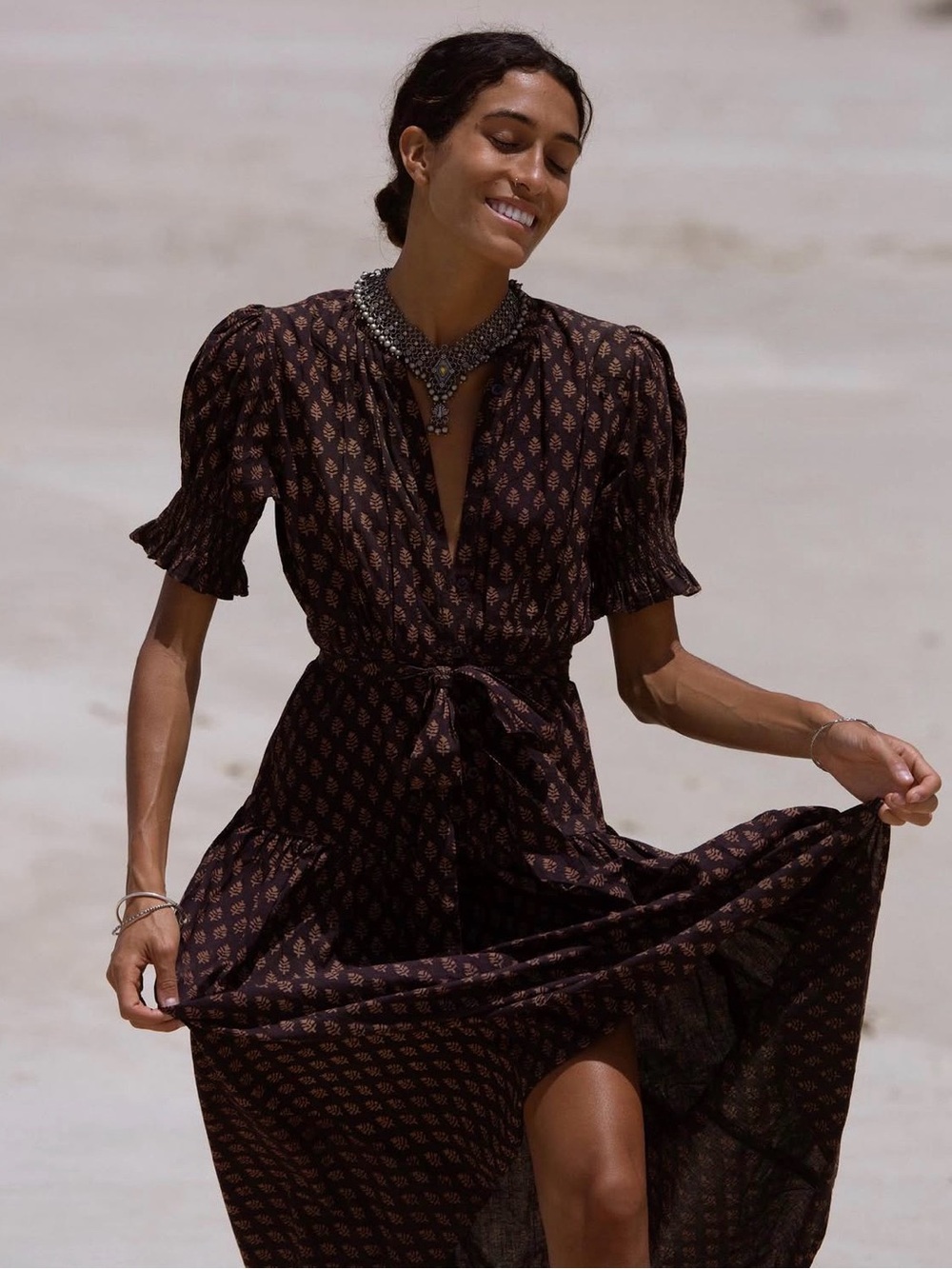 Daughters of India Brown Printed Maxi Dress with Puff Sleeves